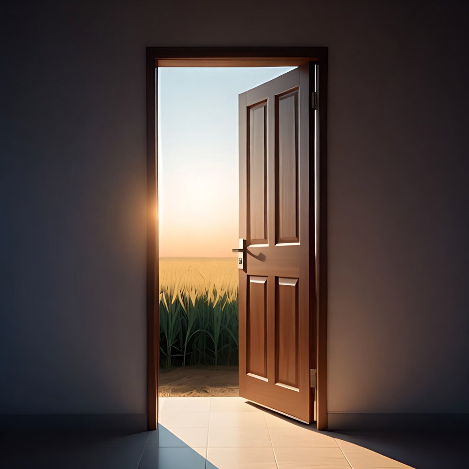Una puerta abierta hacia un campo iluminado al amanecer