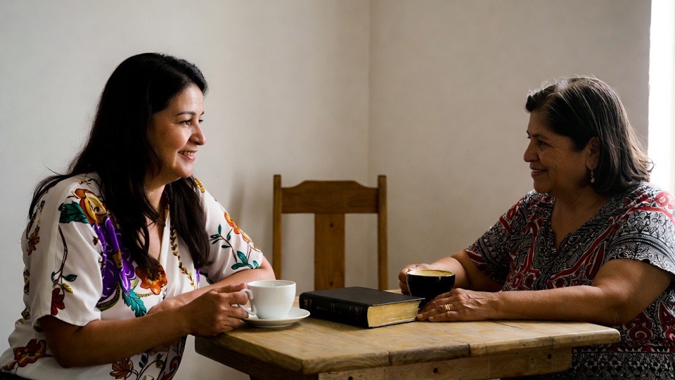 Dos mujeres conversando con la Biblia sobre la mesa