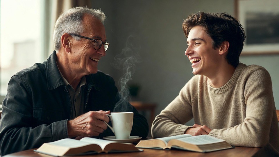 Un disciplicador y su discípulo conversando con la Biblia abierta